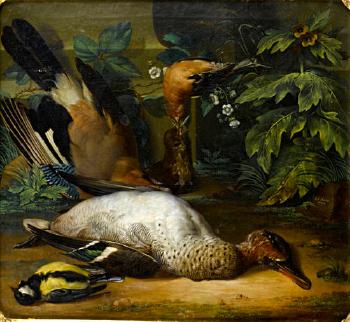 A dead jay, chaffinch, teal and a great tit on a forest floor by 
																	Anton Friedrich Harms