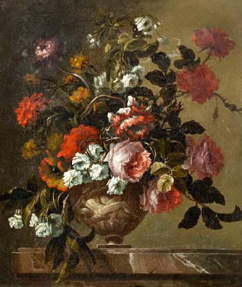 Roses, chrysanthemums, poppies and other flowers in a stone urn on a marble ledge by 
																	Jacques-Charles Dutillieu