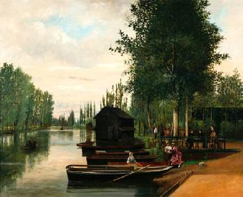 A tranquil river scene with ladies by a boat by 
																	Joseph Vola