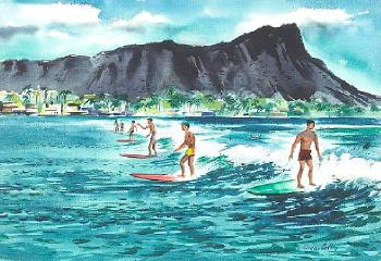 Waikiki surfers by 
																	Wayne Lacom