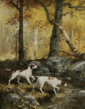 Two English Pointers crossing a creek by 
																	A Emil Prinz