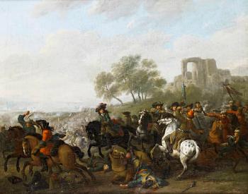 A cavalry skirmish in an open landscape, a ruined village on the horizon by 
																	Jacob van Huchtenburg