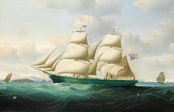 The brig Selina Jane calling for a pilot off an island lighthouse, possibly Godrevy, Cornwall by 
																	Charles Ogilvy