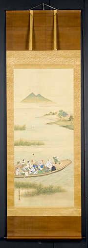 A disparate group of travellers including a sarumawashi, a shishimai dancer, samurai, pilgrims and merrymakers being ferried across the marshlands of the Oi River where three seagulls are circling above by 
																			Hanabusa Itcho