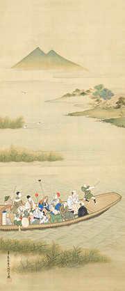 A disparate group of travellers including a sarumawashi, a shishimai dancer, samurai, pilgrims and merrymakers being ferried across the marshlands of the Oi River where three seagulls are circling above by 
																			Hanabusa Itcho