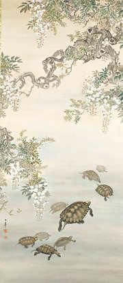 Nine kusagame (Chinese pond turtles) swimming beneath large overhanging branches of flowering white wisteria by 
																			Oide Toko