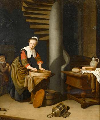 A kitchenmaid ironing by 
																	Adriaen van Gaesbeeck