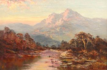 Sunset Highland river landscape by 
																	Alfred Harford