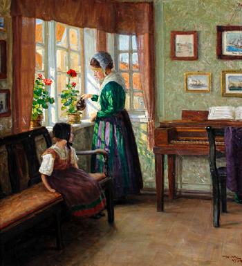 Interior scene with mother watering flowers by a window and young daughter seated beside by 
																	Valdemar Magaard