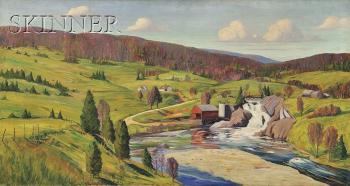 Valley vista with farm and river by 
																			John Nichols Haapanen
