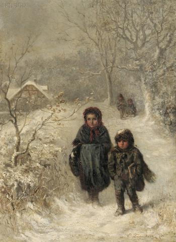 Children walking in a snowy landscape by 
																	Wilhelm Friedenberg