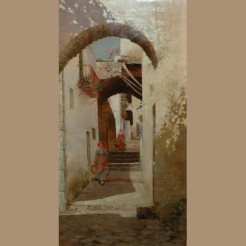Woman with water jug in a narrow village street by 
																	Leopoldo Galeota-Russo