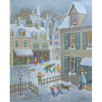 Winter village scene with children playing by 
																	Sophie Damez