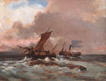 Paddle steamer and fishing boat in stormy seas by 
																	Isaac Walter Jenner