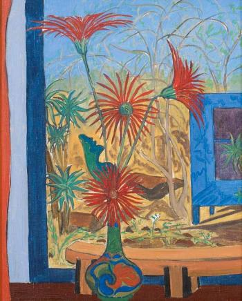 A still life of gerberas in a blue, green and red vase, and a view through a window by 
																	Rosamund Everard-Steenkamp