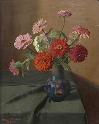 Flowers in a Moorcroft vase by 
																	James Eddie