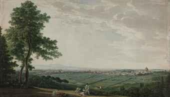 A panoramic view of Rome from the gardens of the Villa Mellini on Monte Mario by 
																	Giovanni Battista Lusieri