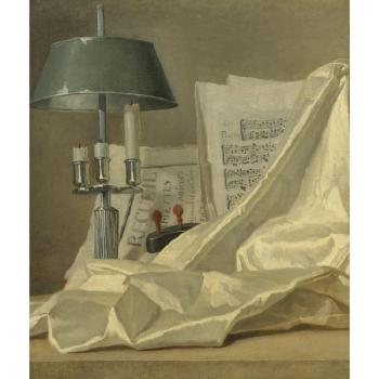 A Bouillette Lamp, A Sheet Of Music, A Violin And A White Satin Cloth On A Stone Ledge by 
																	Henri Horace Roland de la Porte