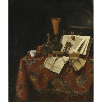 A Vanitas Still Life Of A Goblet, A Wine Vessel, A Yixing Stoneware Teapot, Books, An Hourglass, Letters And A Globe On A Carpeted Table by 
																	 Pseudo-Roestraten