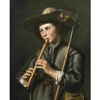 A Shepherd Playing The Pipes by 
																	Johan Baeck