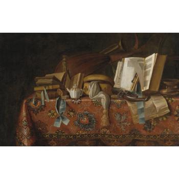 Still Life Of Books, Musical Instruments And Other Objects On A Table Draped With An Oriental Carpet by 
																	 Pseudo-Roestraten