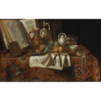 Vanitas Still Life With Books, Jugs, A Skull And Other Objects On An Table Draped With An Oriental Carpet by 
																	 Pseudo-Roestraten