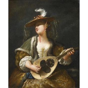 A Lady Playing A Mandolin by 
																	Jean Barbault
