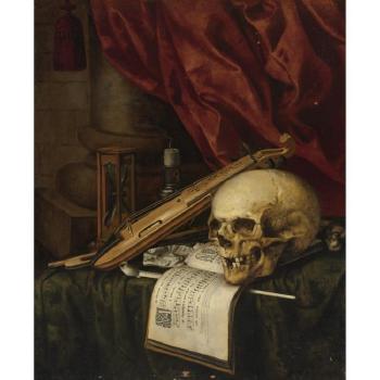 A Vanitas Still Life With A Skull, A Violin, A Musical Score, A Pipe And Tobacco, An Hourglass And A Candle On A Draped Table by 
																	Simon Renard de Saint-Andre
