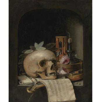 Vanitas Still Life With A Wreathed Skull, Pochette Violin And Bow, Deck Of Cards, Musical Score, Pair Of Dice, Box Inscribed 'Poudre De Civet,' Two Roses, An Hourglass And A Snuffed-out Candle In A Stone Niche by 
																	Simon Renard de Saint-Andre