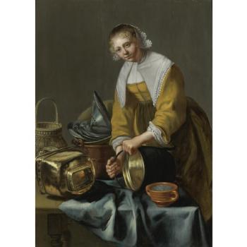 A Kitchen Maid Standing By A Table With Copper Pots, Pewter Plates And Other Objects by 
																	Willem van Odekerken