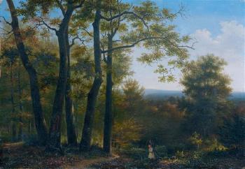 Vue de la forêt de Fontainebleau avec une jeune femme by 
																	Isidore Dagnan