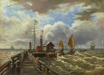 Marine mit Pier und Schiffen in Sturm by 
																	Karl von Hafften