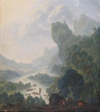 Wooded river landscapes, probably on the Rhine with numerous boats and travellers in the foreground by 
																			Wilhelm van Swaanenberg
