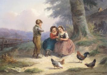 Children feeding the chickens by 
																	Robert Favelle