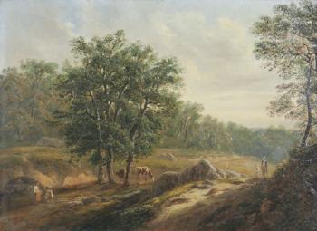 Hirten mit Kühen und Wanderer am Waldrand by 
																	David Ortlieb