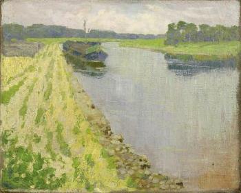 Schleppkahn am Flussufer by 
																	Arthur Langhammer