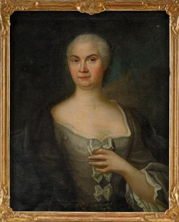 Porträtt föreställande Anna Hellman (1702-****) iklädd grå brokadklänning med rosetter och blå drapering by 
																			Johan Stalbom