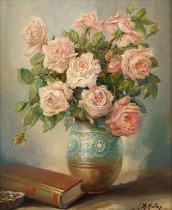 Vase fleuri de roses by 
																	Gilbert Maurice Hubin