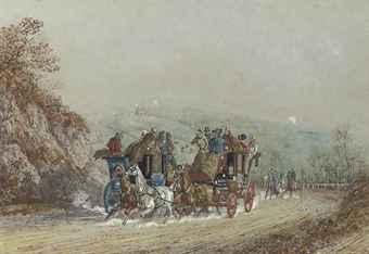 The Portsmouth and Guildford mail coaches passing on the Guildford Road (illustrated); Arrival at Gretna; and A stagecoach in an autumnal landscape by 
																	Charles B Newhouse