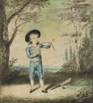 Portrait of a young archer, small full-length, standing in a landscape, a cricket bat and ball on the ground beside him by 
																	Andreas van Rymsdyk