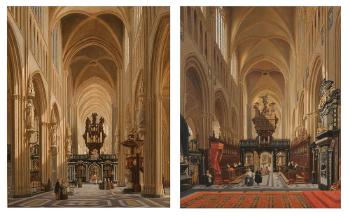 Intérieur de l’église de Saint-Sauveur à Bruges avec jubé, orgue, chaire, stalles, clergé et personnages by 
																	Joseph Warlincourt