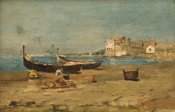 Veduta di Nettuno con pescatori e barche a riva by 
																	Erulo Eroli