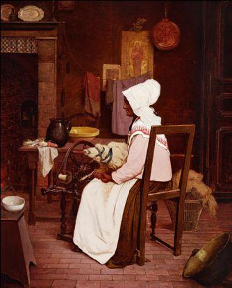 Interior with a farmer's wife at the spinning wheel by 
																	Henri Taurel