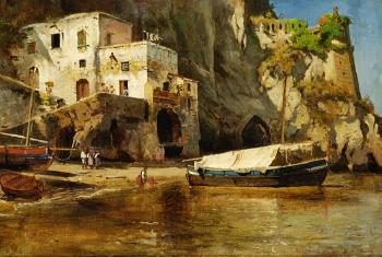 Coastal view with an old house and a boat, Sorrento by 
																	Carl Frederick Sorensen
