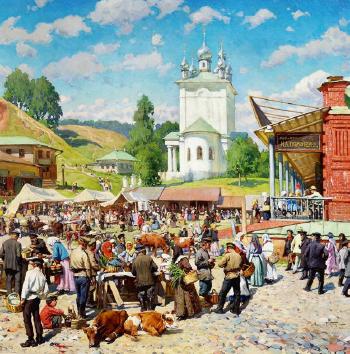 Market day at Voskresenski Church in Plyos, Russia by 
																			Alexander W Makowski