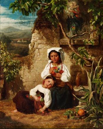 Italian landscape with two little girls with bunches of flowers at a roadside altar by 
																	Karl Gottfried Eybe