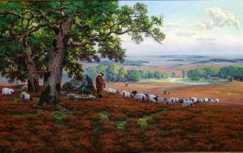 Vast landscape with a shepherd knitting under large oaks by 
																	Arnold Lyongrun