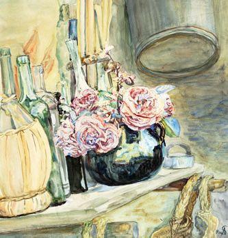Pink roses and Chianti bottle on a sill by 
																	Anna Louise Brigitte Syberg