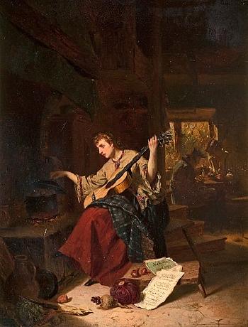 Kitchen interior with woman playing guitar by 
																	Carl d'Unker