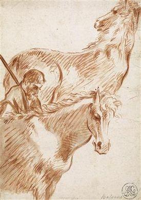 A shepherd and two horses by 
																	Antonio Lagorio